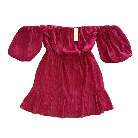 NWT Francesca’s Off The Shoulder Red Wine Shimmer Mini Ruffle Dress Size Medium - Picture 3 of 16